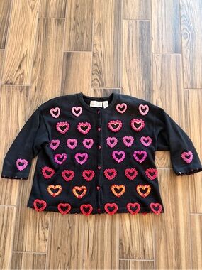 Vintage Jane’s Closet Black Women's Heart Appliqué Cardigan Sweater XL